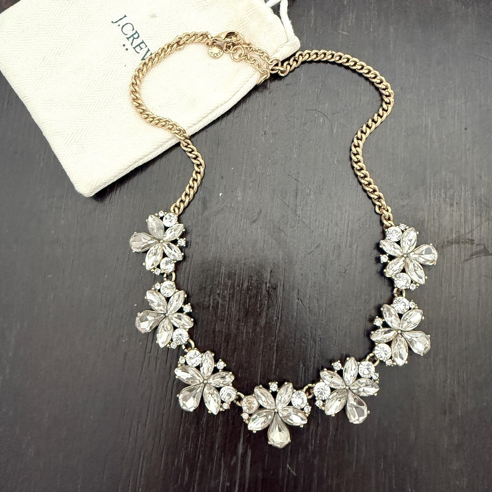 J Crew Matte Gold Tone Floral Clustered Crystal Rhinestone Necklace
